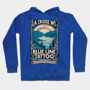 Blue Line Tattoo River Bluff Scene Vintage Stamp Label Hoodie